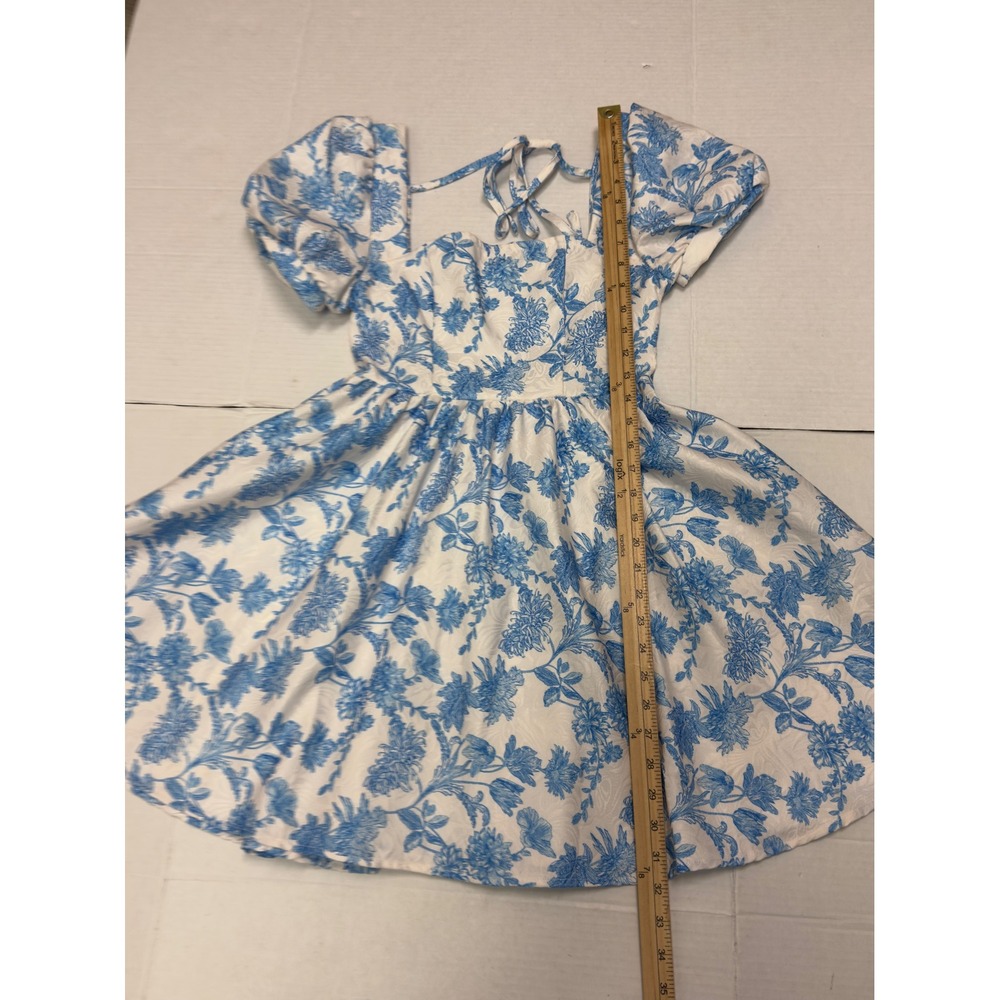 Womens‎ Floral Puff Sleeve Mini Dress S Blue White Toile Jacquard Coquette - Picture 6 of 7